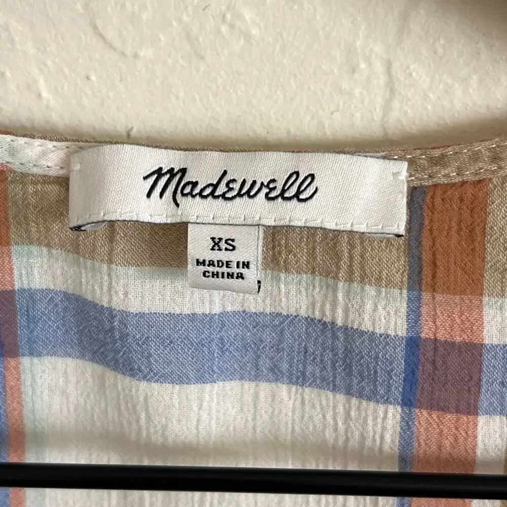 Madewell 100% Cotton V-Neck Shoulder-Ruffle Blouse Top XS White Tan Blue Plaid